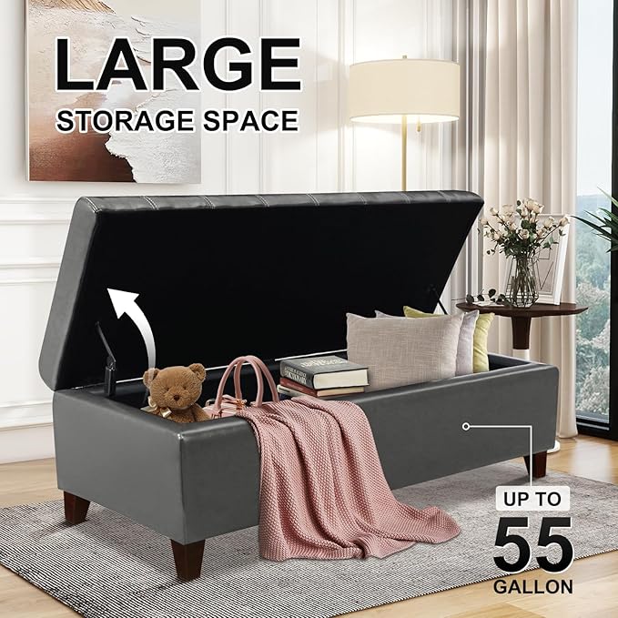 DECO DE VILLE Ottoman with Storage, 51 Inch End of Bed Storage Ottoman Bench, Faux Leather Upholstered Ottomans with Hinged Lid, Rectangle Long Foot Rest Bench for Entryway Living Room Bedroom Gray