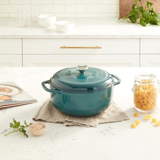 Lodge 6 Quart Enameled Cast Iron Dutch Oven with Lid ??Dual Handles ??Oven Safe up to 500째 F or on Stovetop - Use to Marinate, Cook, Bake, Refrigerate and Serve ??Lagoon