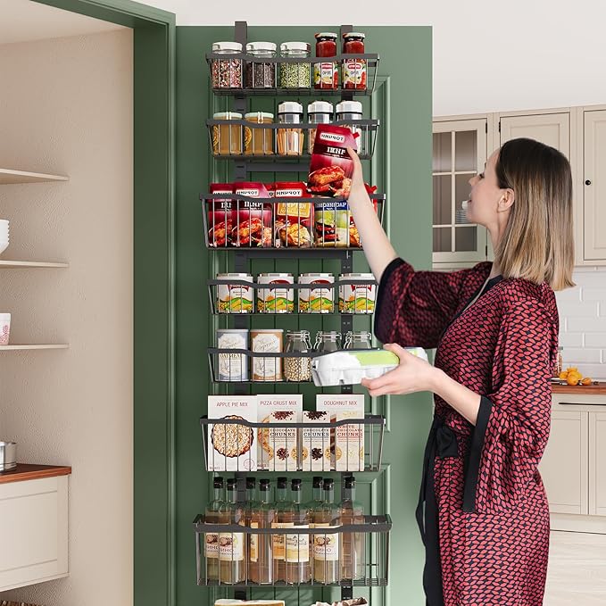 Over The Door Organizer竊?-Tier Over The Door Pantry Organizer with Adjustable Baskets竊똌etal Hanging Pantry Organizers and Storage for Kitchen, Back of Door Seasoning Rack (Black)