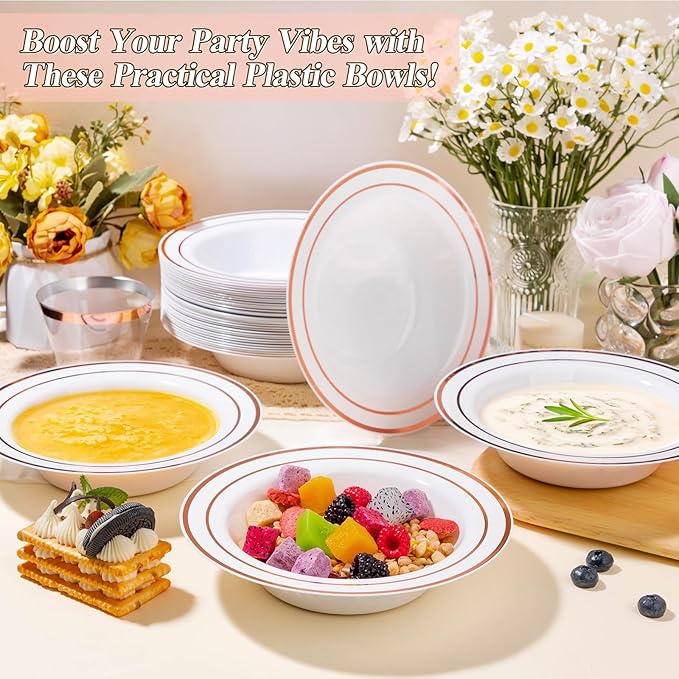 BESTSTAR 50 Pack Disposable Soup Bowls with Rose Gold Rim, 12oz Premium Heavy Duty Plastic Dinner Bowls for Party, Wedding and Holiday
