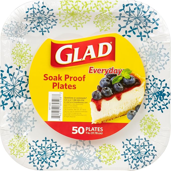 Glad Square Disposable Paper Plates, Blue Hydrangea Pattern - Strong, Sturdy, Soak Proof, and Microwavable Decorative Plates for Dinner and Everyday Use, 7 Inch, 50 Count - 12 Pack