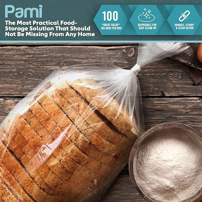 PAMI Gallon Twist Tie Storage Bags - 100 Disposable Plastic Food-Safe Baggies with Ties, 11x12.5 in, Versatile for Kitchen, Home, Office Uses