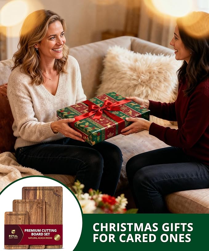 ROYAL CRAFT WOOD Acacia Wood Cutting Boards Set of 3 ??Premium Wooden Cutting Boards for Kitchen Meal Prep & Serving - Charcuterie & Chopping Butcher Block for Meat with Deep Juice Groove Side Handles