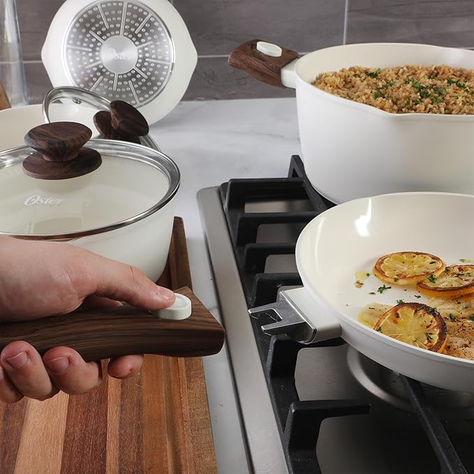 Oster SmartHandle Advance 18-Piece Ceramic Nonstick Cookware Set ??Matte Linen Finish, Induction, Detachable Handles, Oven & Dishwasher Safe Pots Pans, w/Utensils & Pan Protectors