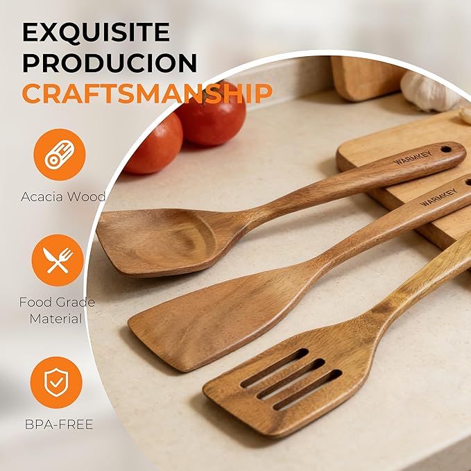 Natural Acacia Wood Spatula Set of 3, Nonstick Pan Safe Multipurpose Wooden Cooking Spatulas, Eco-Friendly Scratch-Proof Heat Resistant with Hanging Holes