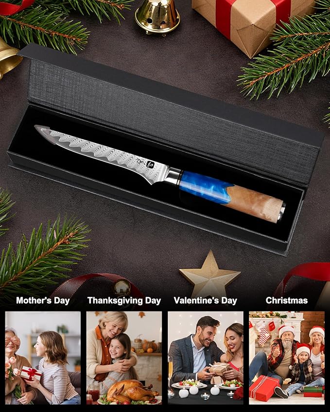 Damascus Boning Knife 6 Inch,VG10 Core Steel with 66-Layers High Carbon,Professional Boning Knives for Meat Poultry Chicken,Blue Resin & Wood Handle,Ideal Gift for Chefs and Cooking Lovers