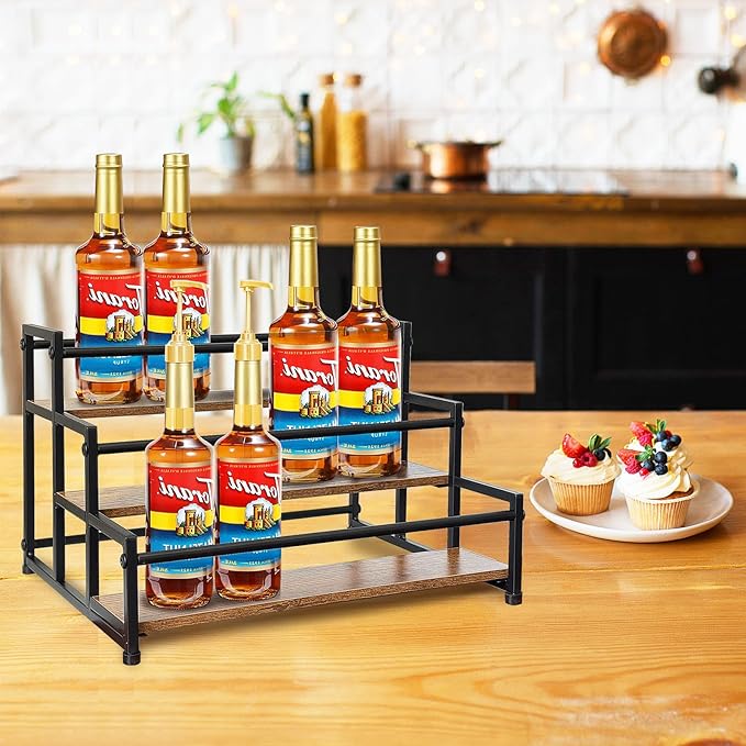 Klxuyuo 3-Tier Coffee Syrup Rack for 15 Bottles (750ml) ?밪turdy Coffee Syrup Organizer for Bar, Kitchen, Caf챕, Office