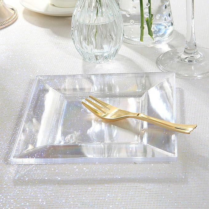 200pcs Square Dessert Plates Includ 100pcs 6inch Appetizer Plates,100pcs 5inch Plastic Forks,Clear Dessert Plates Disposable Appetizer Plates Serve 100 Guests For Wedding Party&Valentine's Day