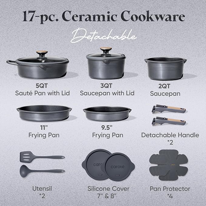 CAROTE 17Pcs Titanium Pots and Pans Set, Cookware Set Nonstick, Kitchen Cooking Set with Detachable Handle, RV/Camping Cookware, Dishwasher/Oven Safe, Grey