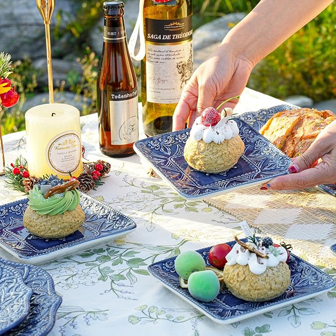 Sungmor Embossed Stoneware Fine Dining Dinnerware, Antique Baroque Style Porcelain 6 Inch Square Appetizer Plates Set of 4, Sophisticated Ceramic Small Dinner Plates Serving Dish for Dessert, Salad