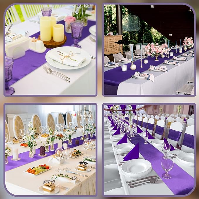 Bencailor 24 Pcs Purple Satin Table Runner Bulk 12 x 108 Inches Long Table Runners Bright Smooth Fabric Tablecloth for Wedding Banquet Birthday Valentines St Patrick's Day Party Decorations