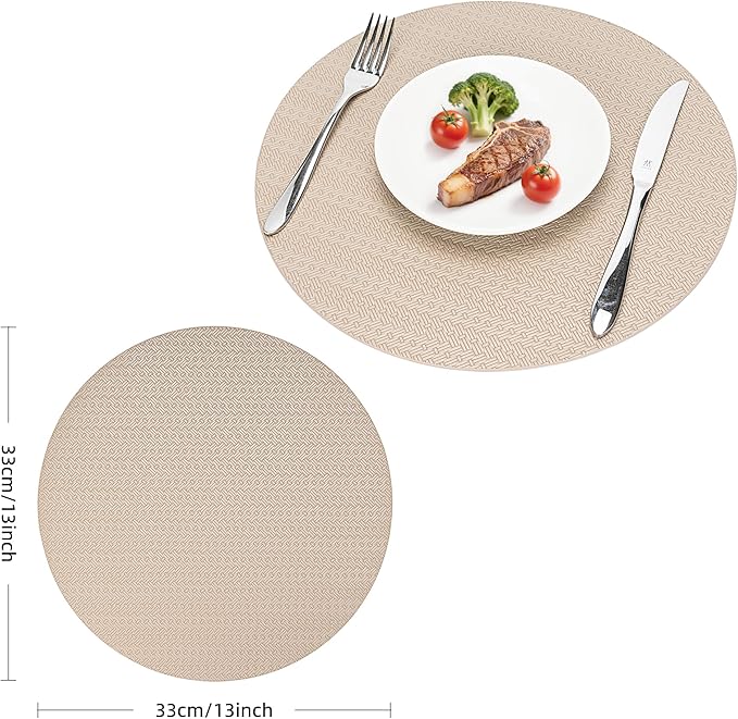 PROMATTOO Round Faux Leather Placemats Set of 6 – 13 Inch Vinyl Mats, Heat Resistant, Non Slip, Wipeable & Washable, Easy to Clean Dining Table Decor for Kitchen & Holiday Gatherings(Light Taupe)
