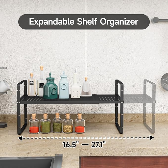 2Pack 16.5-27?쇺셂 Expandable Cabinet Countertop Shelf Organizer, Stackable Metal Shelves, Kitchen Organizers and Storage, Black Storage Spice Rack for Pantry and Cupboard