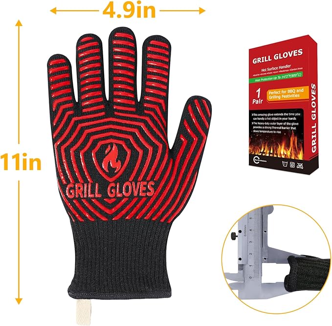 QUWIN BBQ Gloves, BBQ Accessories 1472??Extreme Heat Resistant, Grilling Gloves Silicone Non-Slip Oven Mitts, Kitchen Gloves for BBQ, Grilling, Cooking, Baking-1 Pair 11inch, Red