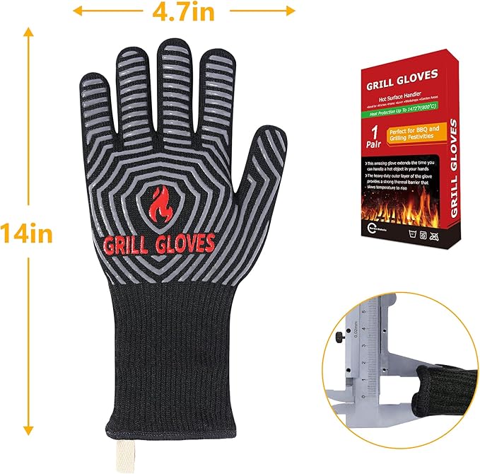 QUWIN BBQ Gloves, Oven Gloves 1472??Extreme Heat Resistant, Grilling Gloves Silicone Non-Slip Oven Mitts, Kitchen Gloves for BBQ, Grilling, Cooking, Baking-1 Pair??(Black, One Size(Long Cuff))