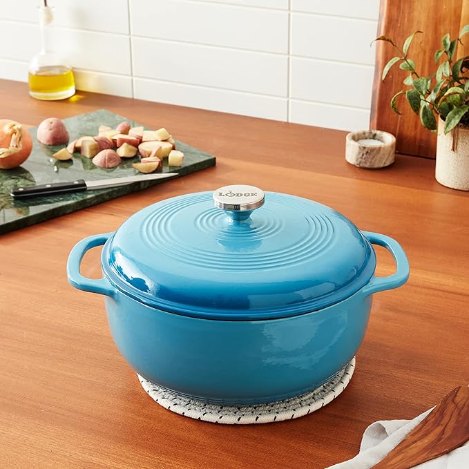 Lodge 6 Quart Enameled Cast Iron Dutch Oven with Lid ??Dual Handles ??Oven Safe up to 500째 F or on Stovetop - Use to Marinate, Cook, Bake, Refrigerate and Serve ??Cornflower Blue