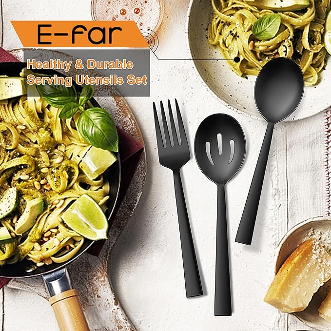 E-far Matte Black Serving Utensils Set of 6, Stainless Steel 8.7 Inch Hostess Serving Set Including MetalSlotted Spoons Forks for Party Buffet Catering, Square Edge & Rust Free