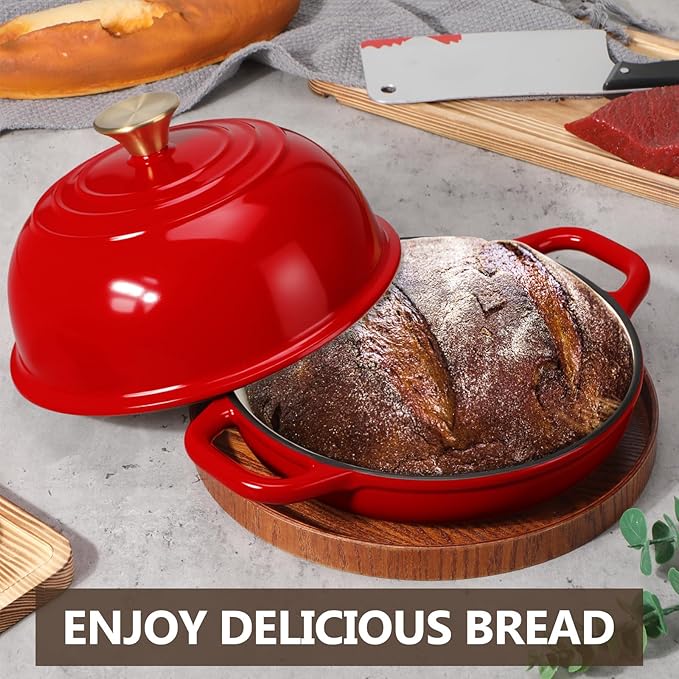 Tioncy Enameled Bread Dutch Oven with Lid for Sourdough Baking 5 Quart Round Cast Iron Dutch Oven Pot Bread Bakers for Kitchen Homemade Cookware Gifts Roasting Frying Cooking Stewing(Red)
