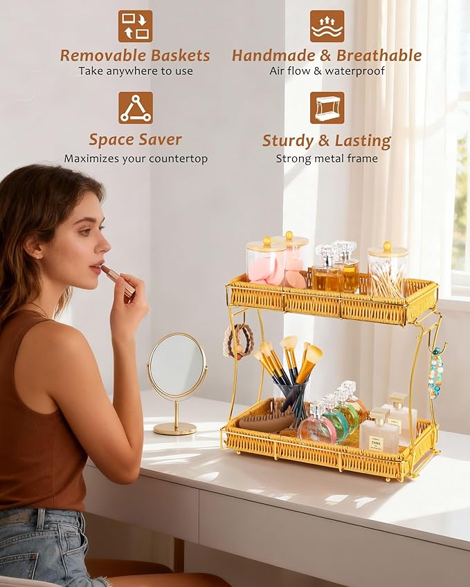 Bathroom Organizer Countertop Perfume Organizer Makeup Organizer Cosmetics Storage Display Rack Vanity Tray, Handwoven Imitation Rattan Tray Perfume Holder for Dresser, Kitchen, Counter (Gold)