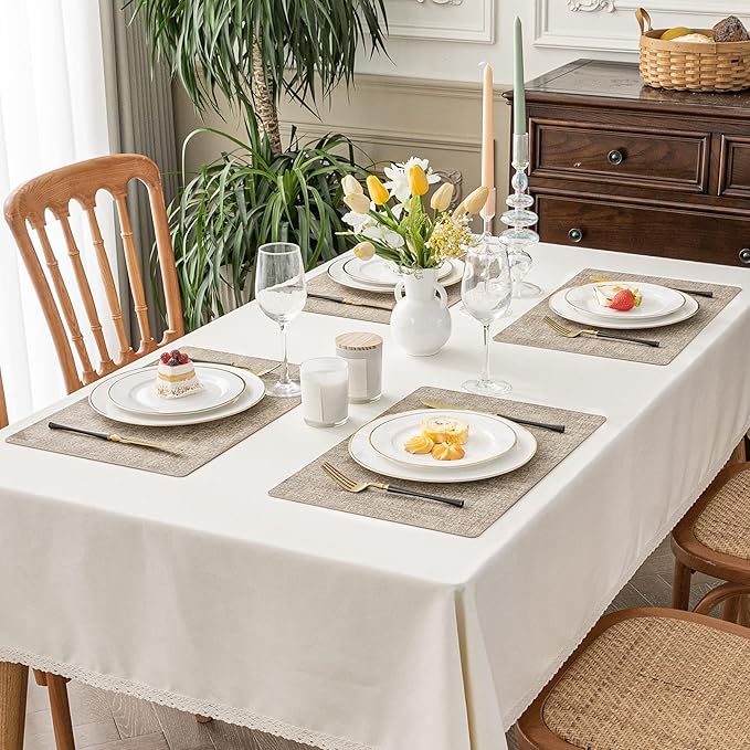 Romanstile Vinyl Placemats Set of 8-12 X 17 Inch - Heat Resistant Place Mats 100% Waterproof Oilproof Wipeable Reversible Faux Leather Table Mats for Kitchen, Dining, Party, Outdoor, Khaki