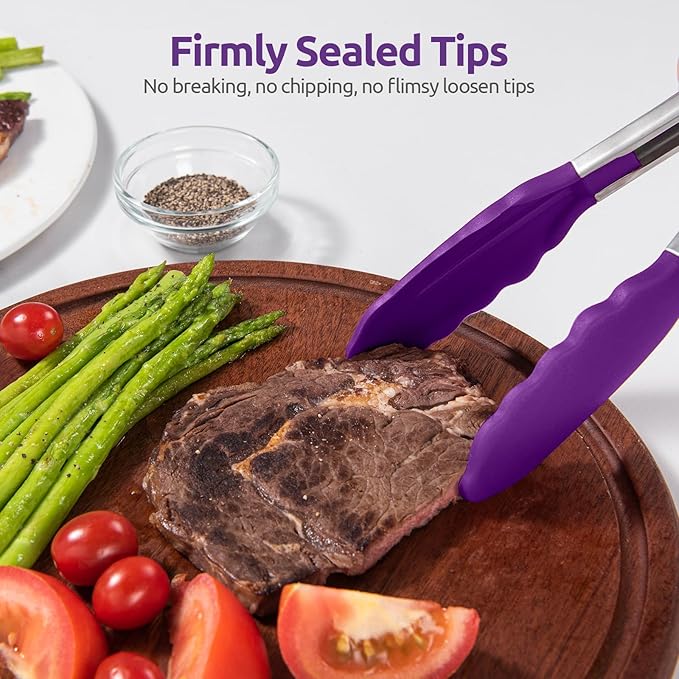 600쨘F Heat Resistant Kitchen Tongs: U-Taste 9+12 inch Silicone Cooking Tong Set with Firm Sealed Non Stick Rubber Tips and Silicon Coated 18/8 Stainless Steel Handle for Serving Grilling Salad(Purple)