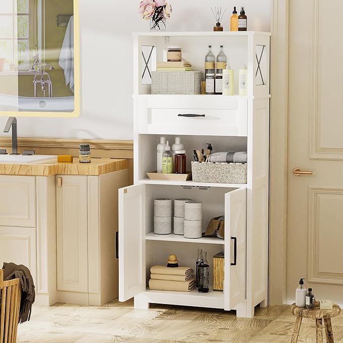 55" Tall Kitchen Pantry, Farmhouse Storage Cabinet with Doors, Shelves and Drawer, Rustic Wood Cupboard for Kitchen, Dining Room (White)