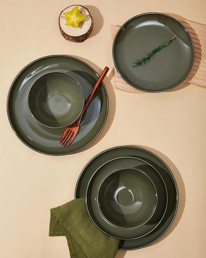 Pokini Santorini Mist Terracotta Reactive Glaze Plates and Bowls Sets, Stoneware Dinnerware Sets, Microwave and Dishwasher Safe Ceramic Dish Set Service for 4, Blackish Green