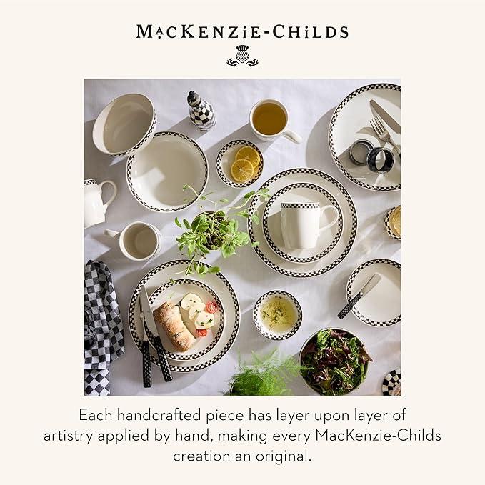 MACKENZIE-CHILDS Set of 4 Everyday Pasta Bowls, Microwave-Safe and Dishwasher-Safe Stoneware Bowls, Black-and-White Courtly Check