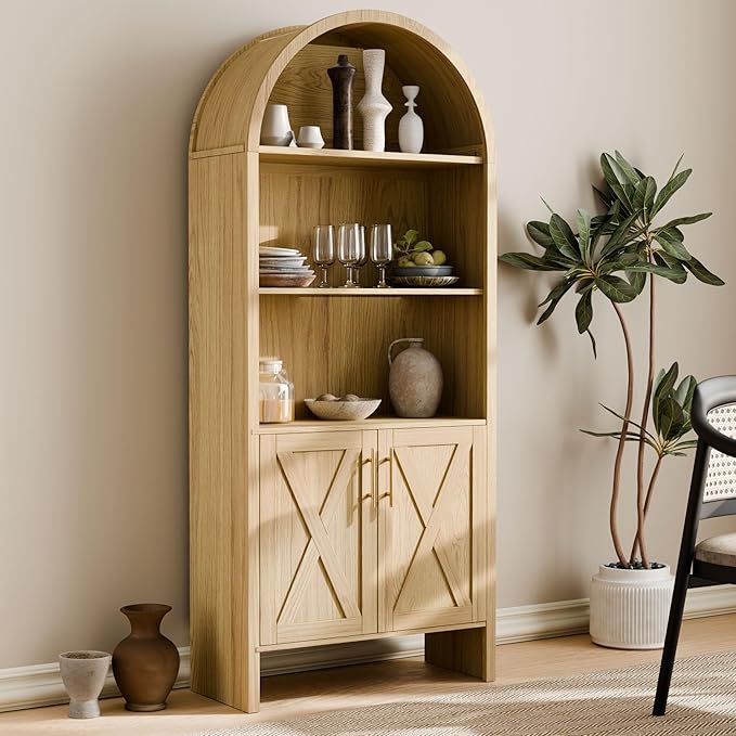 Arch Storage Cabinet with Beech-Wooden Door, 60??Arched Display Floor Cabinet, 4 Tier Farmhouse Buffet Cabinets with Storage for Dining Room, Living Room, Home Office or Kitchen (Oak)