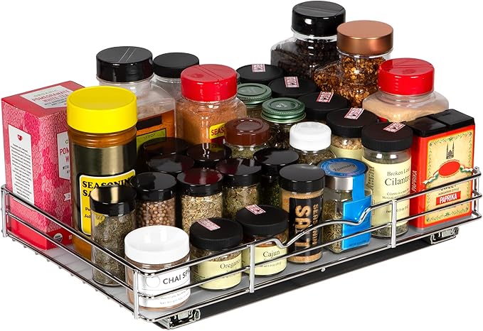 Pull Out Cabinet Organizer for Spices, Cans - Heavy Duty with Lifetime Limited Warranty- Pull Out Spice Rack- Cabinet Pull Out Shelf for Cans,Dishes, Etc, 16-3/8"Wx 10-1/2"D x 2-3/4??H, Chrome