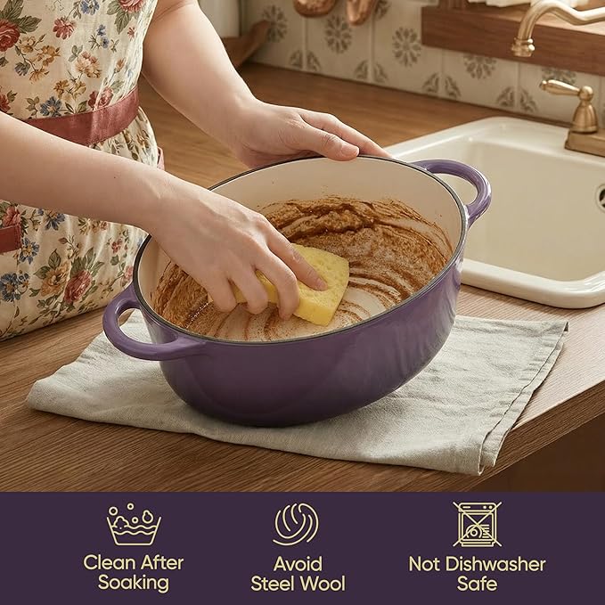 Vintage Style Oval Dutch Oven for Bread Baking, 4.5 Quart Non Stick Enameled Cast Iron Dutch Oven Pot with Lid, Oven Safe Oval Casserole with Lid up to 500째F for Baking, Braising, Stews, Roasting, Purple