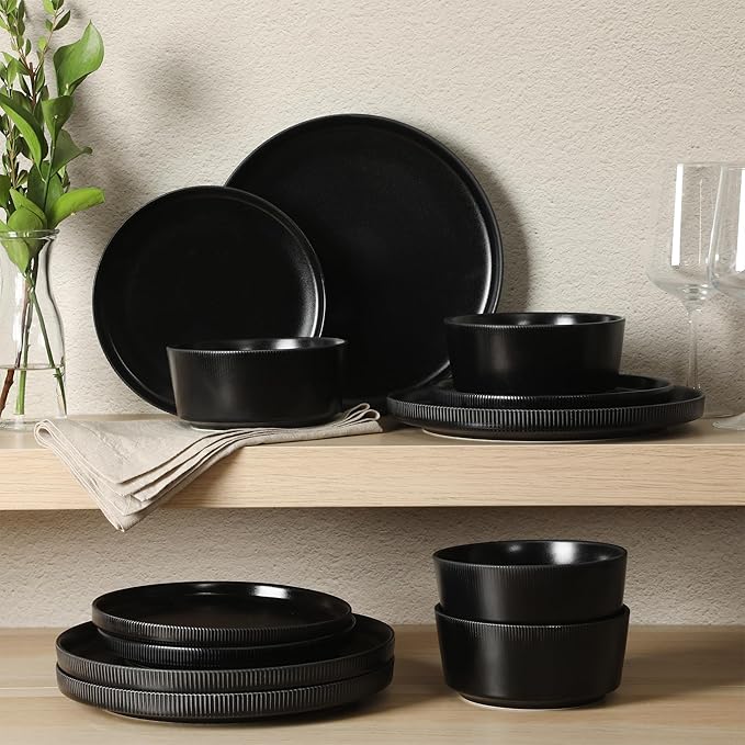 Gibson Home Dempsey Road 12-Piece Stoneware Dinnerware Set ??Service for 4, Round Black Plates and Bowls, Durable Solid Color Modern Embossed Dish Set, Microwave & Dishwasher Safe