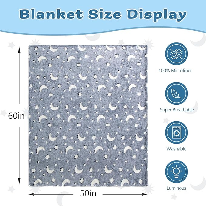 QSTEHEML Moon Glow in The Dark Blanket,Star Gifts Toys for Kids Boy Birthday Christmas Bedroom Decor for Age 3-12 Years Old Toddler Teens Child Grandkids Soft Luminous Blanket 50"횞60"