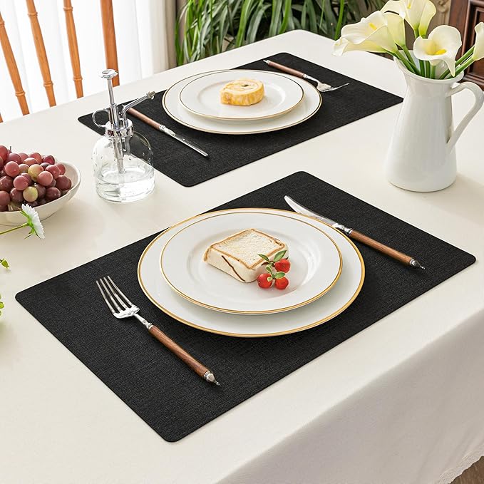 Romanstile Vinyl Placemats Set of 6-12 X 17 Inch - Heat Resistant Place Mats 100% Waterproof Oilproof Wipeable Reversible Faux Leather Table Mats for Kitchen, Dining, Party, Outdoor, Black