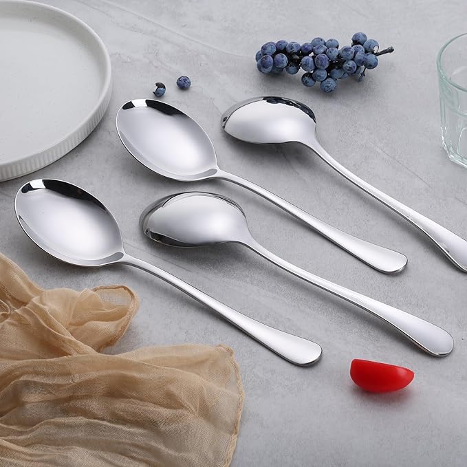 E-far Large Serving Spoons Set of 4, 9.8 Inch Stainless Steel Serving Utensils Set, Big Buffet Spoons for Party Catering Wedding Kitchen Restaurant, Dishwasher Safe