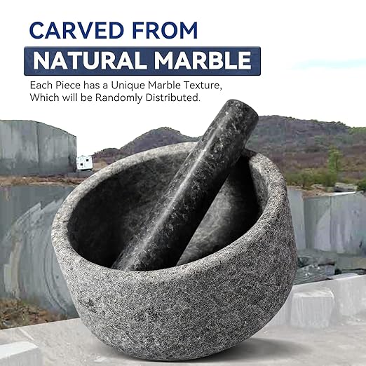 Koville Granite Mortar and Pestle Set, 6.3"-2 Cups Unpolishesd Stone Grinder Bowl for Guacamole, Salsa, Pill Crusher, Spice, Herb, Garlic, Nut, Heavy Duty Grinder for Kitchen(Angola Silver Black)