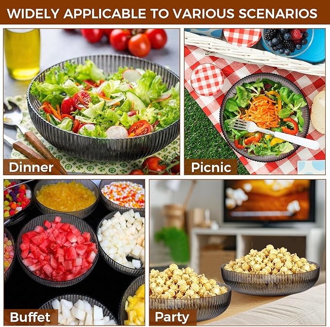 10 Pack 10 Inch Large Plastic Serving Bowls Salad Mixing Bowl Vertical Ribbed Pattern Buffet Party Serving Bowls for Vegetable Fruit Salad Candy Chip Popcorn Snack(Glacier Grey)