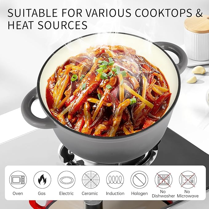 6 Quart Enameled Cast Iron Dutch Oven Pot with Lid, Oven Safe up to 500째F or on Stovetop, Non-stick Dutch Oven for Bread Baking, Cooking, Dual Handles Cookware, Grey