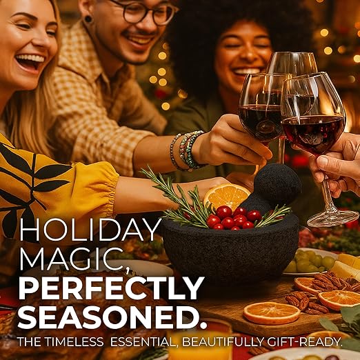Umien Granite Mortar and Pestle Set - 8-Inch Natural Stone Molcajete with Avocado Tool - 3.5 Cup Capacity for Spices, Herbs, Pestos & Guacamole - Premium Kitchen Christmas Gift (Black)