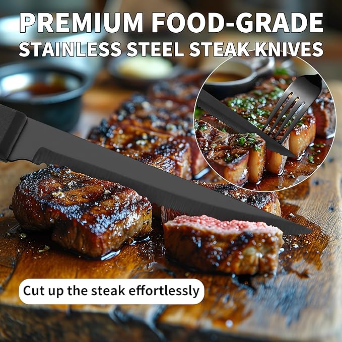 48-Piece Black Silverware Set with Steak Knives Black Stainless Steel Flatware Set for 8 Food Grade Tableware Cutlery Set Rust-proof, Mirror Polished, Dishwasher Safe
