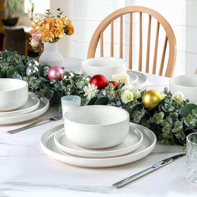 LIANYU 32PC Dinnerware Sets with Silverware for 4, Stoneware Plates and Bowls Dish Set, Stainless Steel Square Flatware Cutlery, Kitchen Dining Dishware, Microwave & Dishwasher Safe, Snowy White