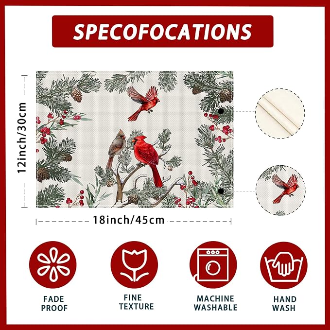XCHI Cardinal Birds Winter Pine Tree Christmas Xmas Placemats Set of 4 Table Mats for Party Home Kitchen Dining Table Decorations 12x18 Inch