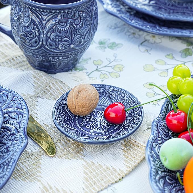 Sungmor Embossed Stoneware Fine Dining Dinnerware, Antique Baroque Style Porcelain 4 Inch Soy Saucer Dish, Set of 4 Sophisticated Ceramic Dipping Bowl, Appetizer Dessert Plate, Ketchup, Spices Bowl