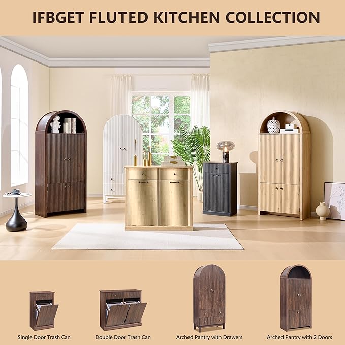 71" Tall Arched Pantry Cabinet, Fluted Kitchen Storage Cabinet with Adjustable Shelves and 2 Large Drawers, Freestanding Morden Versatile Cupboard for Living Room, Bathroom, Brown