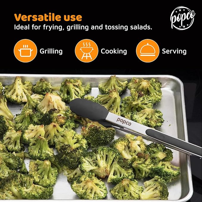 Popco 3-Piece Kitchen Tongs Set ??Stainless Steel Heat Resistant Silicone Tips, Strong Comfort Grip, 3 Sizes (7, 9, 12 Inch), Non-Scratch, Dishwasher Safe, for Cooking, BBQ, Salad
