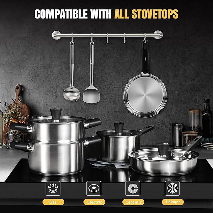 Meythway 14-Piece Stainless Steel Cookware Set for Induction Stovetops ??Non-Toxic Pots & Pans with Stay-Cool Handles, Glass Lids, Steamer, Pot Mats & Utensils ??Dishwasher Safe Kitchen Cookware