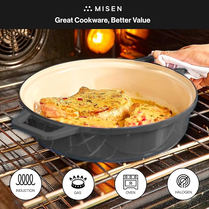 Misen 5.5 QT Braiser ??Enameled Cast Iron Pan for Searing, Braising & Slow Cooking ??No-Chip Enamel Coating ??Extra-Wide Handles ??Superior Heat Retention & Even Cooking - Black