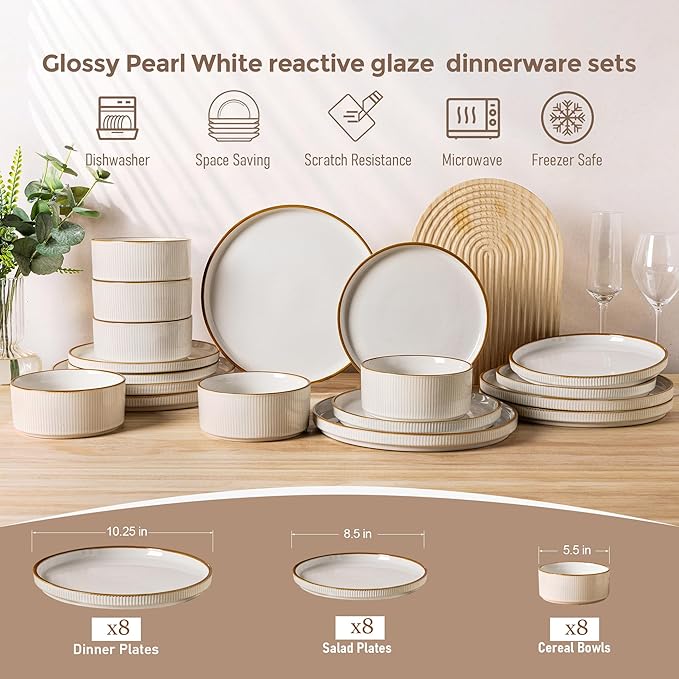 GBHOME Stoneware Dinnerware Sets for 8, Round Reactive Glaze Ceramic Plates and Bowls Set, Highly Scratch Resistant | Dishwasher & Microwave Safe Set竊똕ervice for 8竊?4pcs),Pearl White