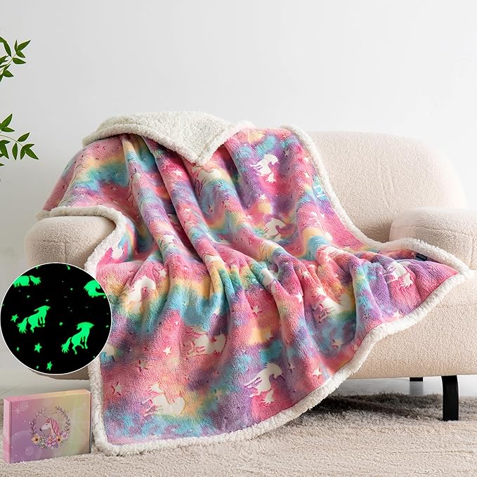 QSTEHEML Unicorns Glow in The Dark Blanket,Unicorn Gifts Sherpa Fleece Throw Blanket for Girls Age 3-12 Year Old, for Teens- Christmas Birthday Bedroom Decor 50"횞60"