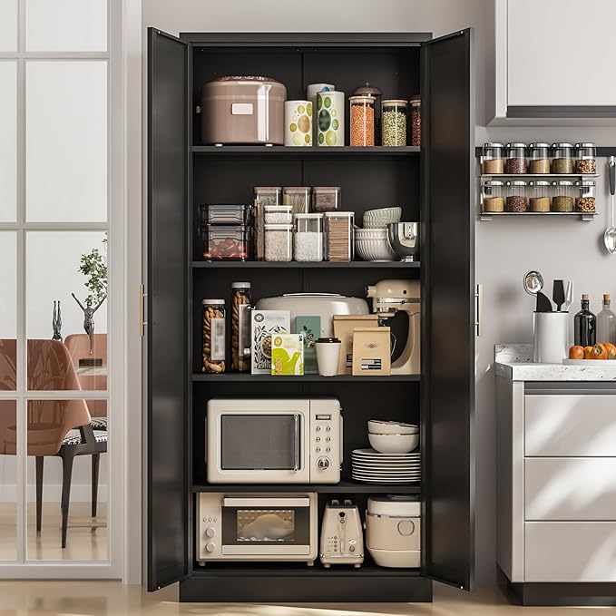 Kitchen Pantry Cabinet,71??Metal Tall Pantry Storage Cabinet with Doors and 4 Adjustable Shelves,Kitchen Storage Cabinets Black Freestanding Food Cabinet for Pantries, Kitchen, Livingroom, Dining Room